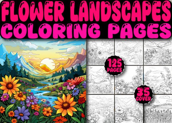 Flower Landscape Graphics for Printable Coloring Pages & Branding